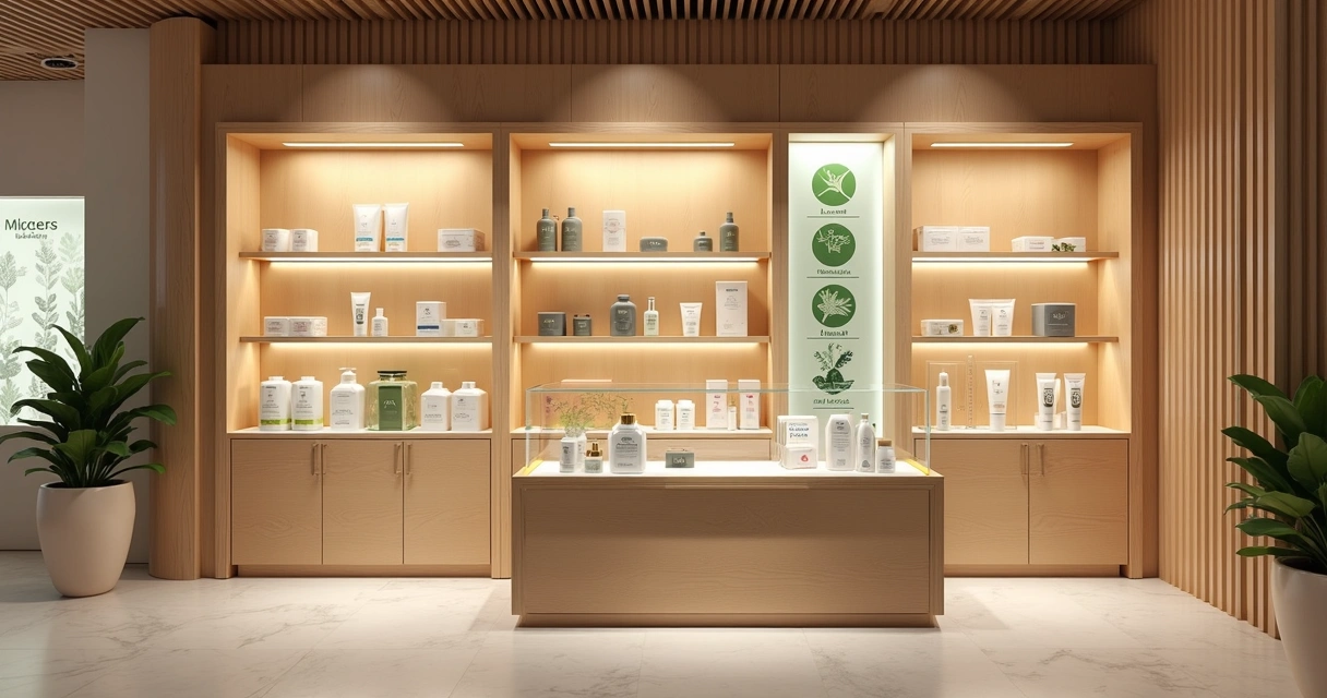 Display modular elegante em MDF cru e acrílico reciclado exposto em loja