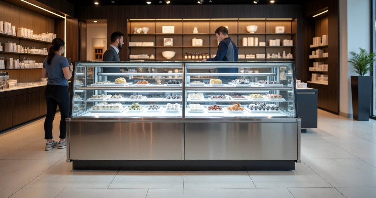 Expositor de inox em PDV com iluminação e produtos organizados