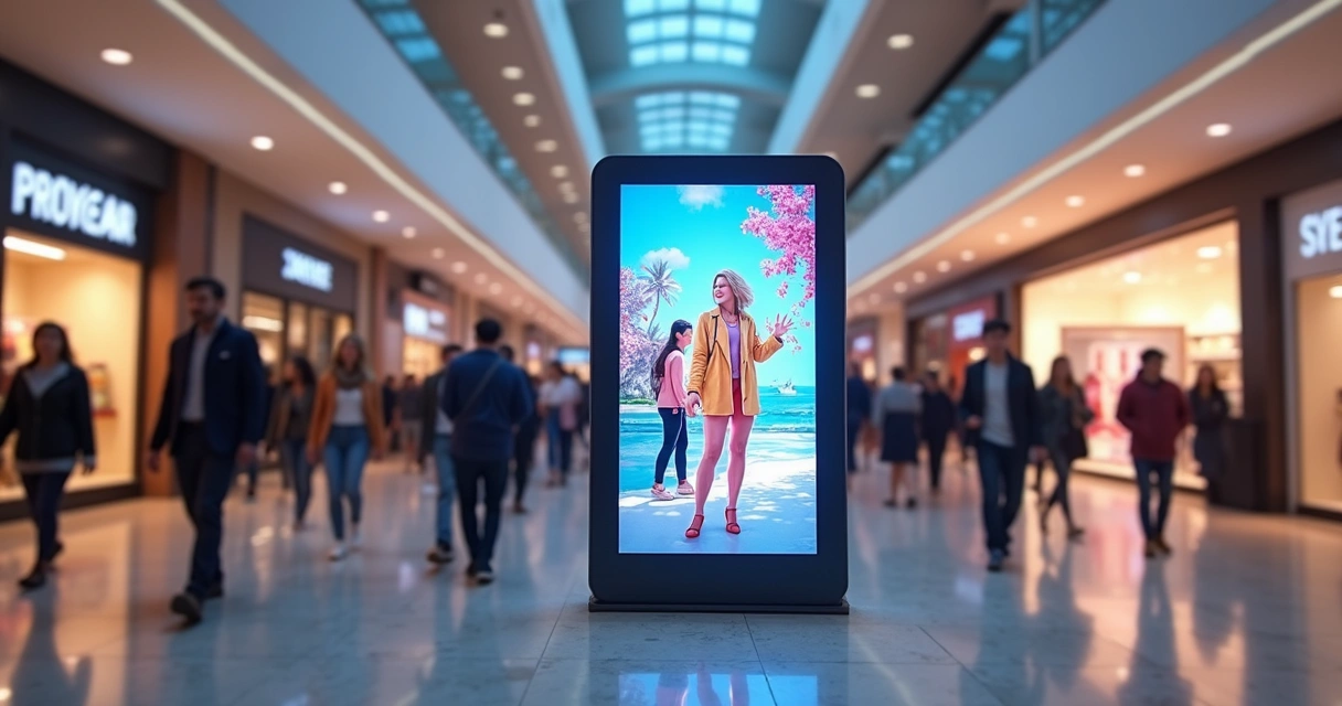 Totem publicitário digital em shopping movimentado 