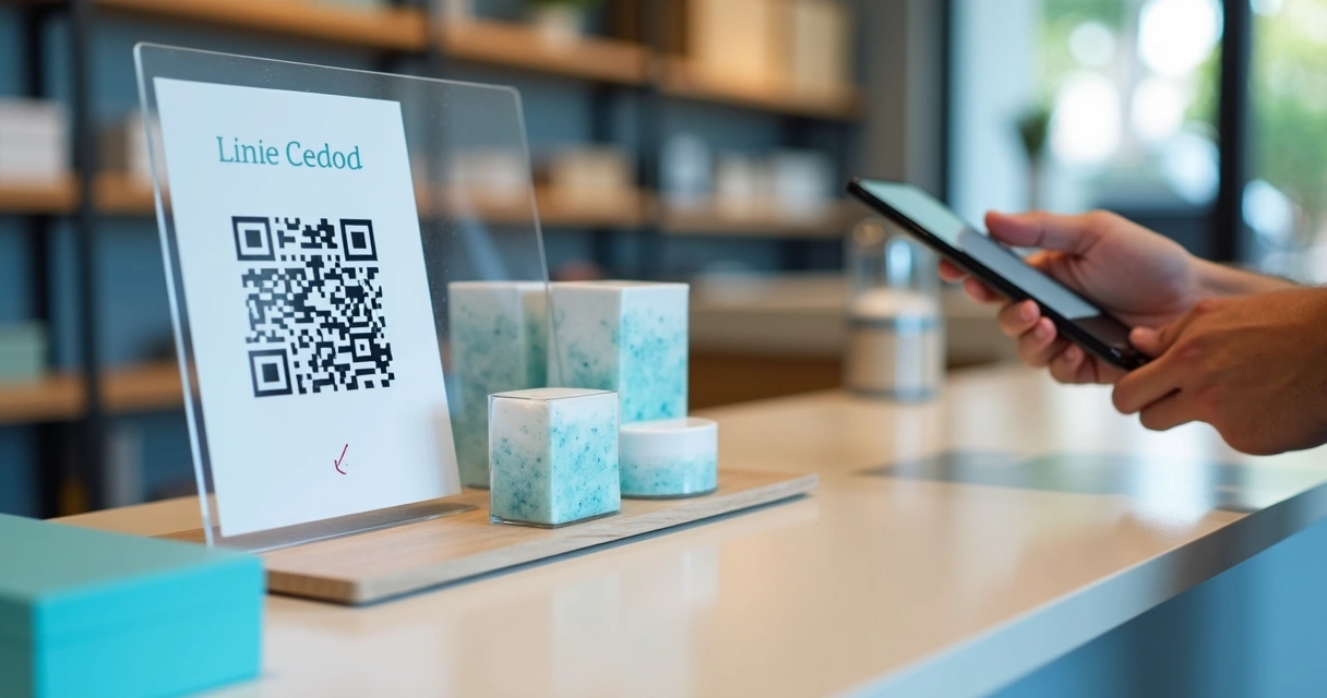 Display de balcão com QR Code levando ao catálogo digital 