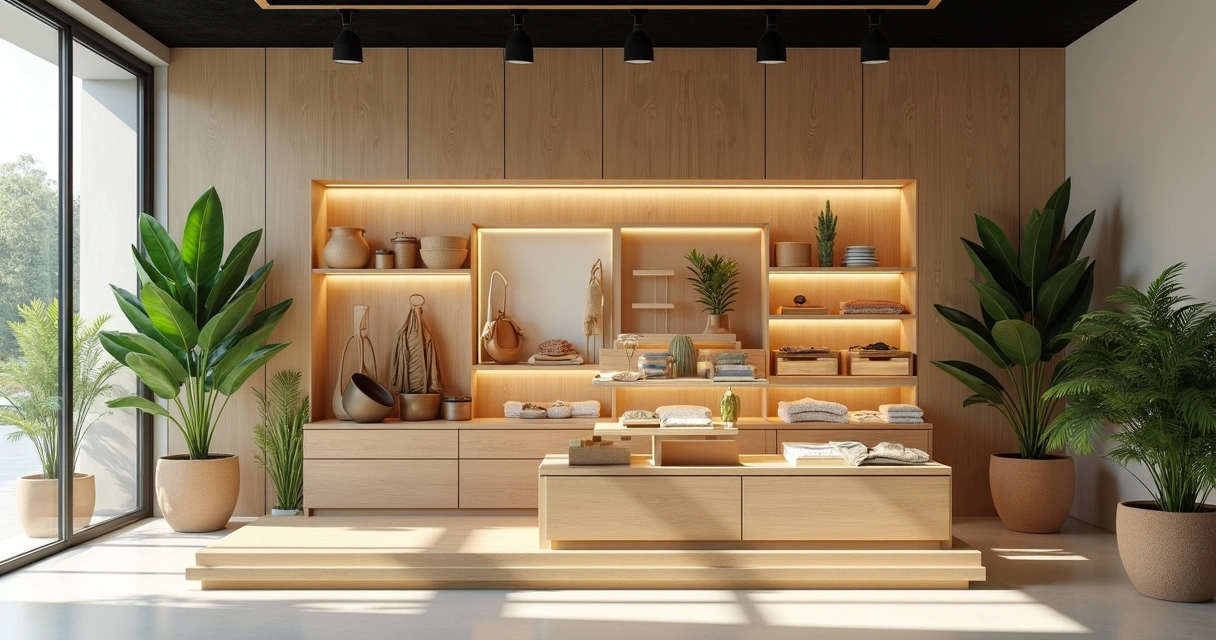 Display expositor sustentável feito com MDF certificado, acrílico reciclado e aço reutilizável em loja de varejo moderno 