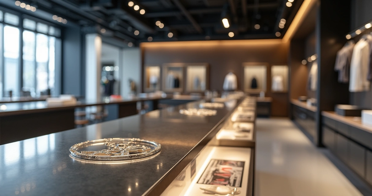 Displays de PDV e móveis personalizados com acabamentos em aço inox e acrílico em ambiente de varejo moderno 