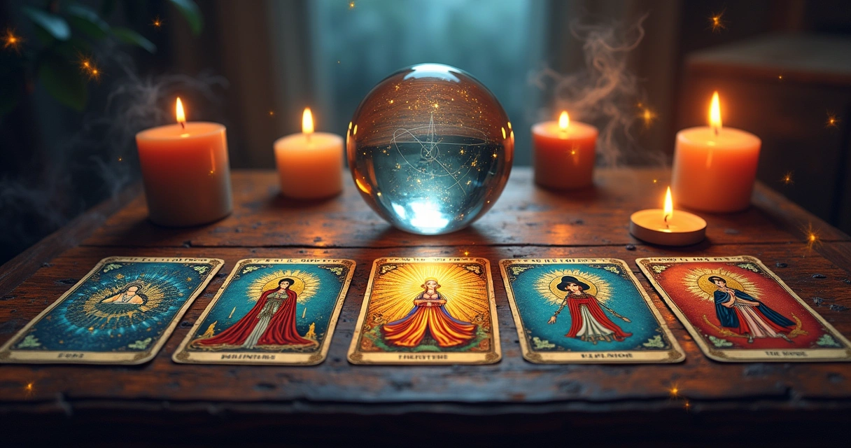 Disposição de cartas de tarot em uma mesa de madeira com velas e uma bola de cristal.