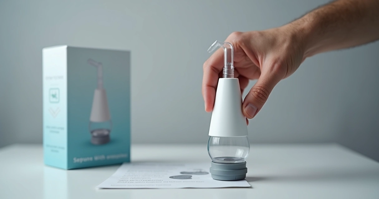 Dispositivo de vácuo peniano sendo demonstrado, com mão masculina segurando o equipamento.