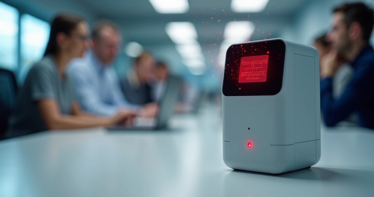 Dispositivo IoT corporativo sendo invadido em ambiente de escritório 