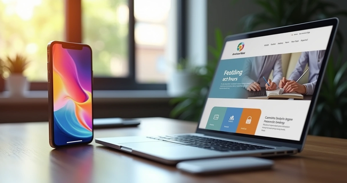 Tela de smartphone exibindo app e tela de computador com site responsivo lado a lado sobre mesa de escritório moderna 