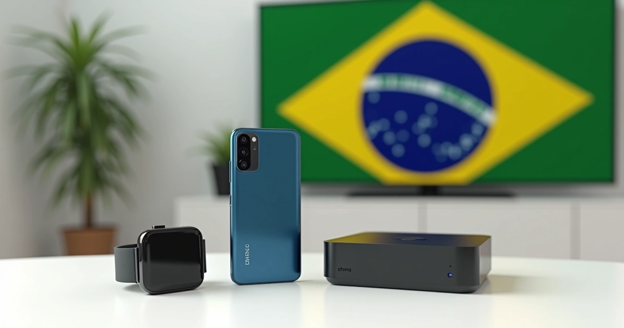 Variedade de produtos Android populares no Brasil: smartphone, smartwatch, TV Box 