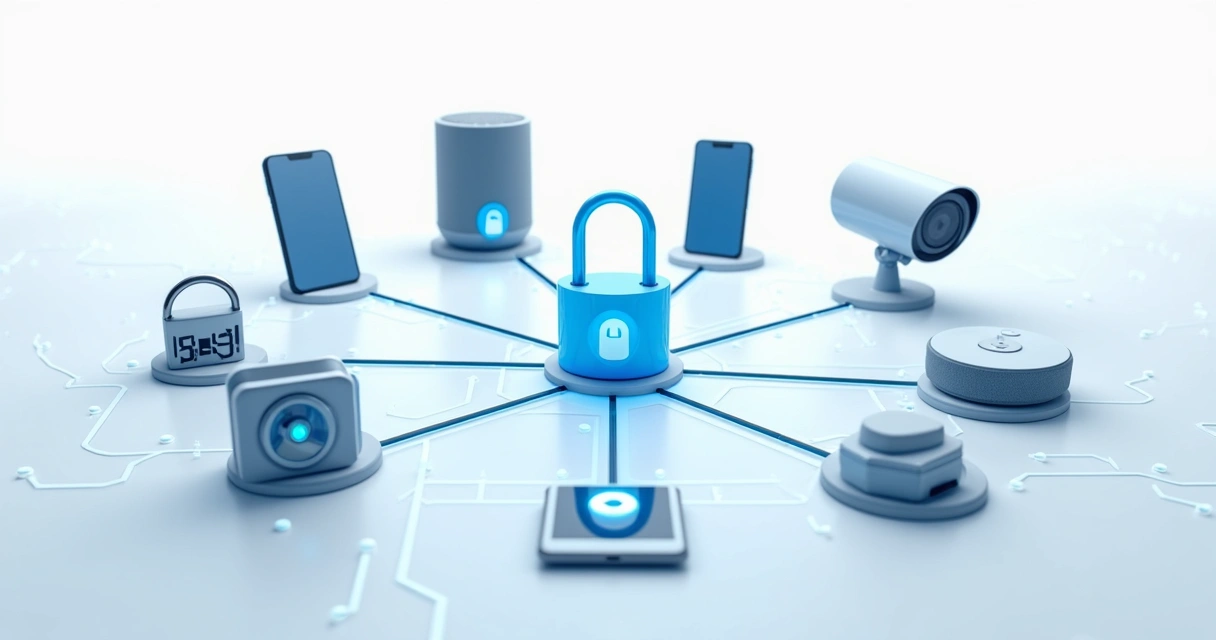 Vários dispositivos IoT conectados em rede com cadeados mostrando segurança 