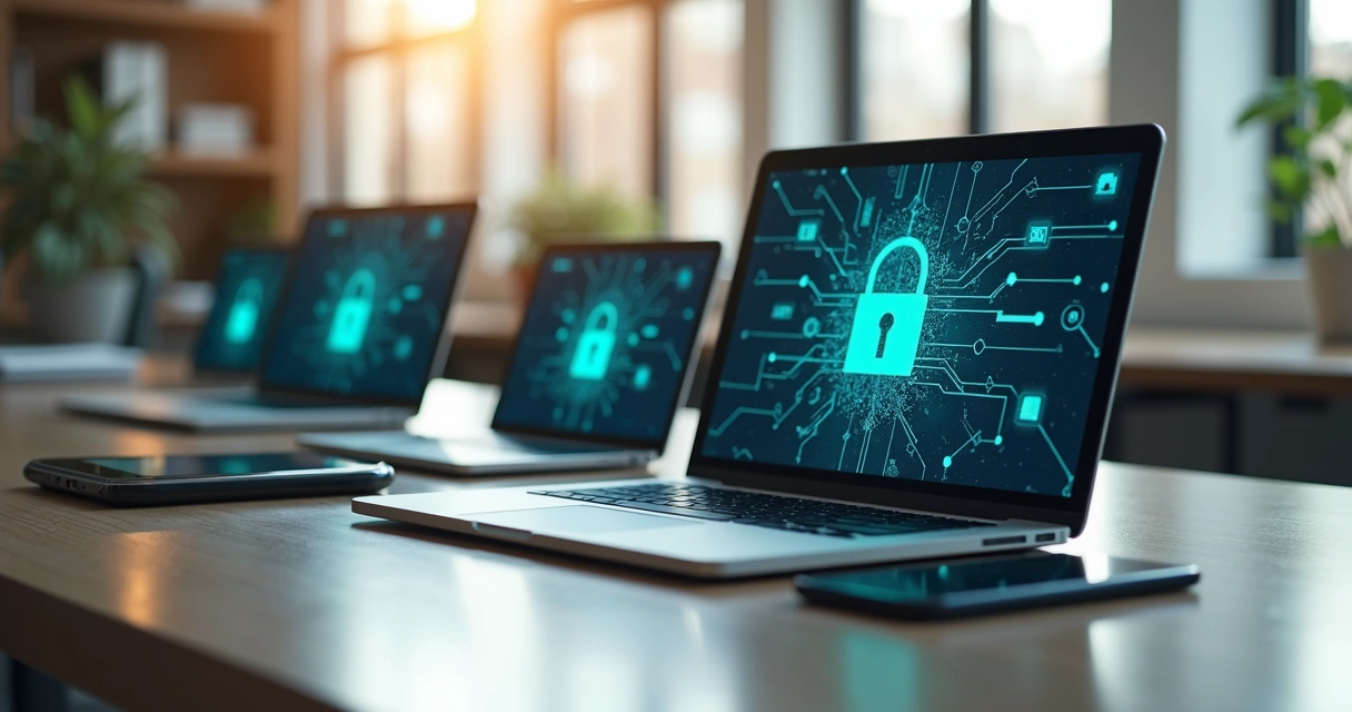 Mesa de escritório com vários dispositivos móveis como smartphones, tablets e notebooks organizados, com gráfico de segurança digital na tela de um laptop 