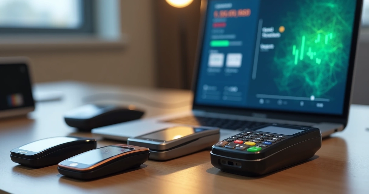Dispositivos de pagamento com identidades visuais diferentes em cima de uma mesa 