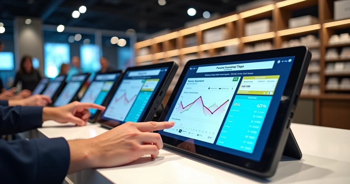 Diferentes dispositivos de PDV móvel, como tablets e smartphones, em um balcão de loja exibindo interface de vendas