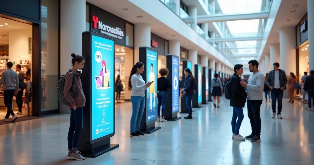 Totens de publicidade digital com displays em local de alto movimento 