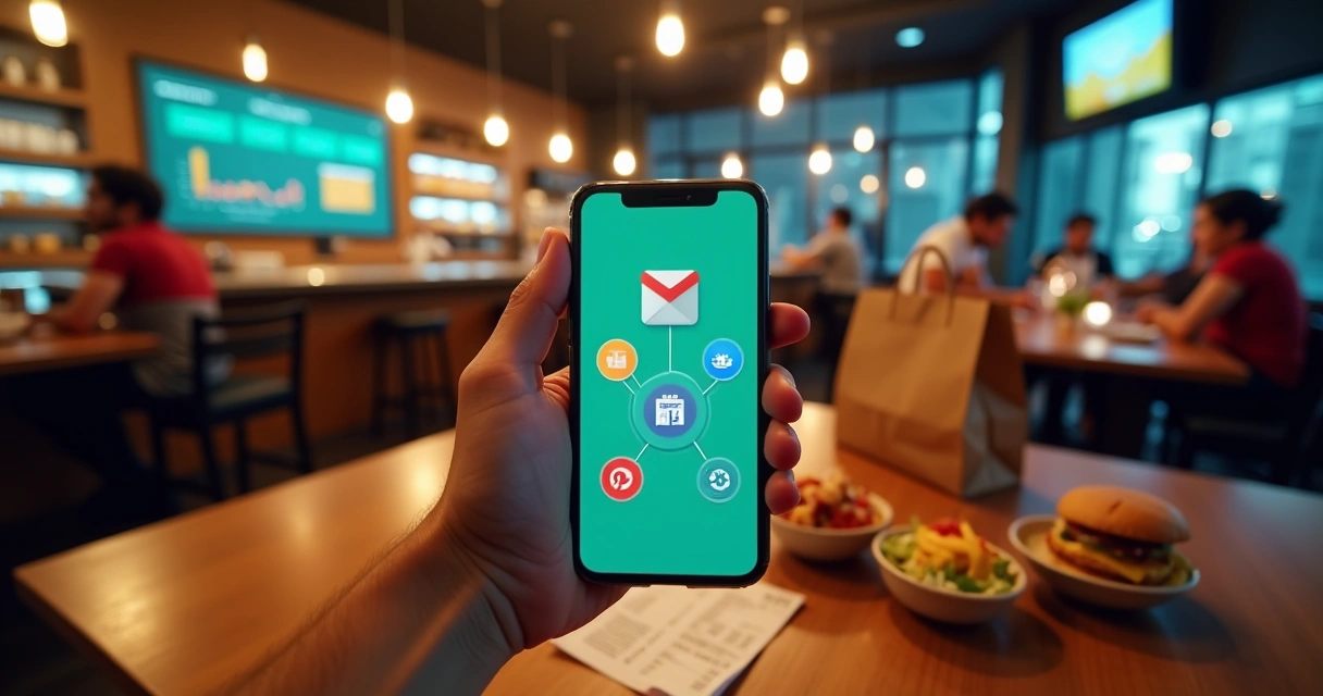 Tela de celular com apps de delivery sobre mesa de restaurante movimentado 