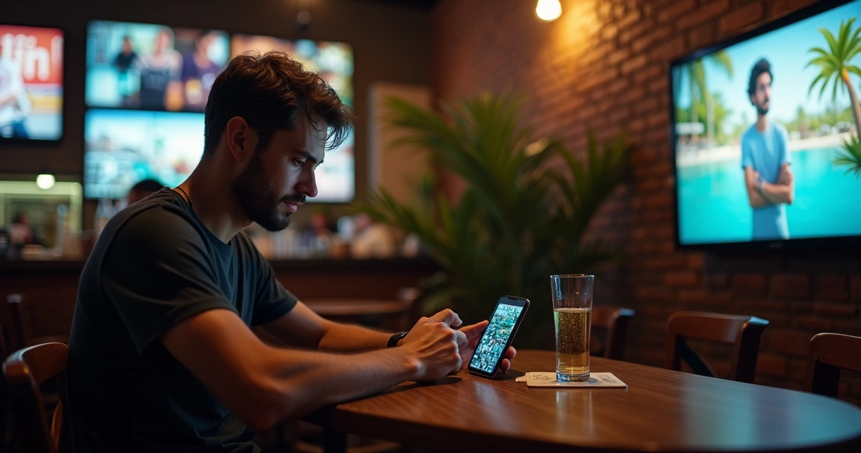 Homem divide atenção entre celular cheio de notificações e anúncios discretos em bar 