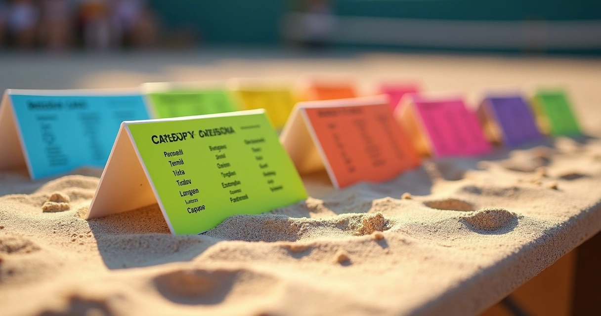 Cartaz de categorias de beach tennis com quadra de areia ao fundo 