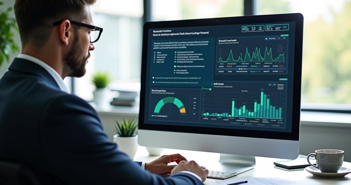 Empresário revisando dados de chargeback em tela de computador com gráficos e alertas financeiros 