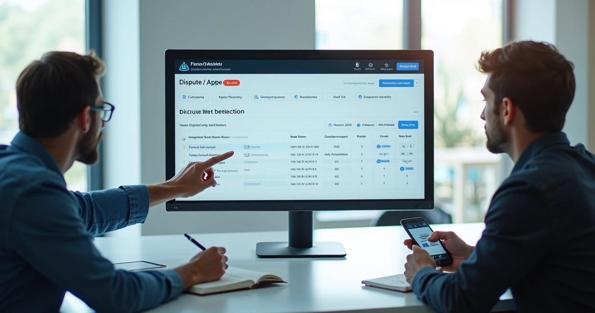 Interface de plataforma mostrando disputa de resultado com duas pessoas analisando dados em tela 