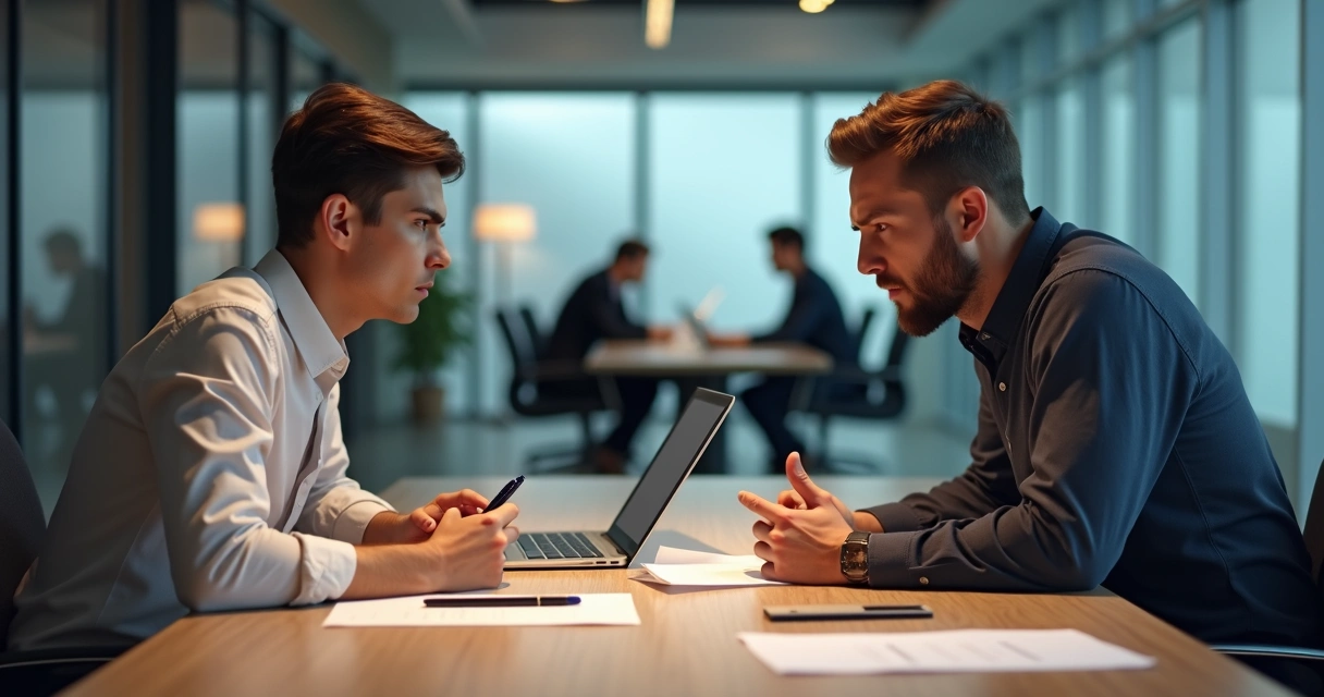 Dois colegas de trabalho sentados frente a frente, em clima de tensão e disputa, trocando olhares sérios, com papéis e laptops sobre a mesa 