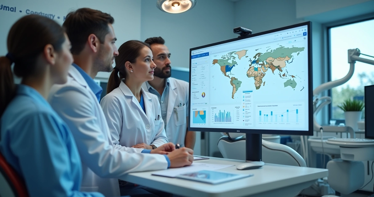 Dentistas no consultório analisando dados de marketing digital em tela grande 