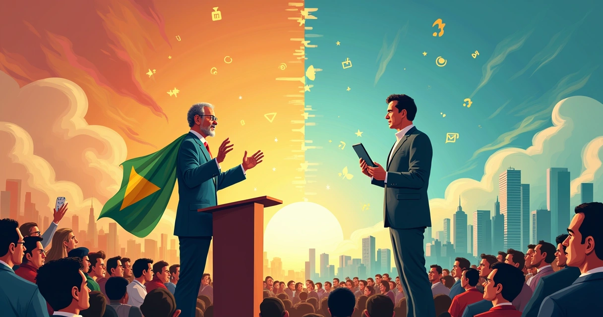 Ilustração da disputa eleitoral entre Lula e Tarcísio, mostrando público, propostas e bandeiras.
