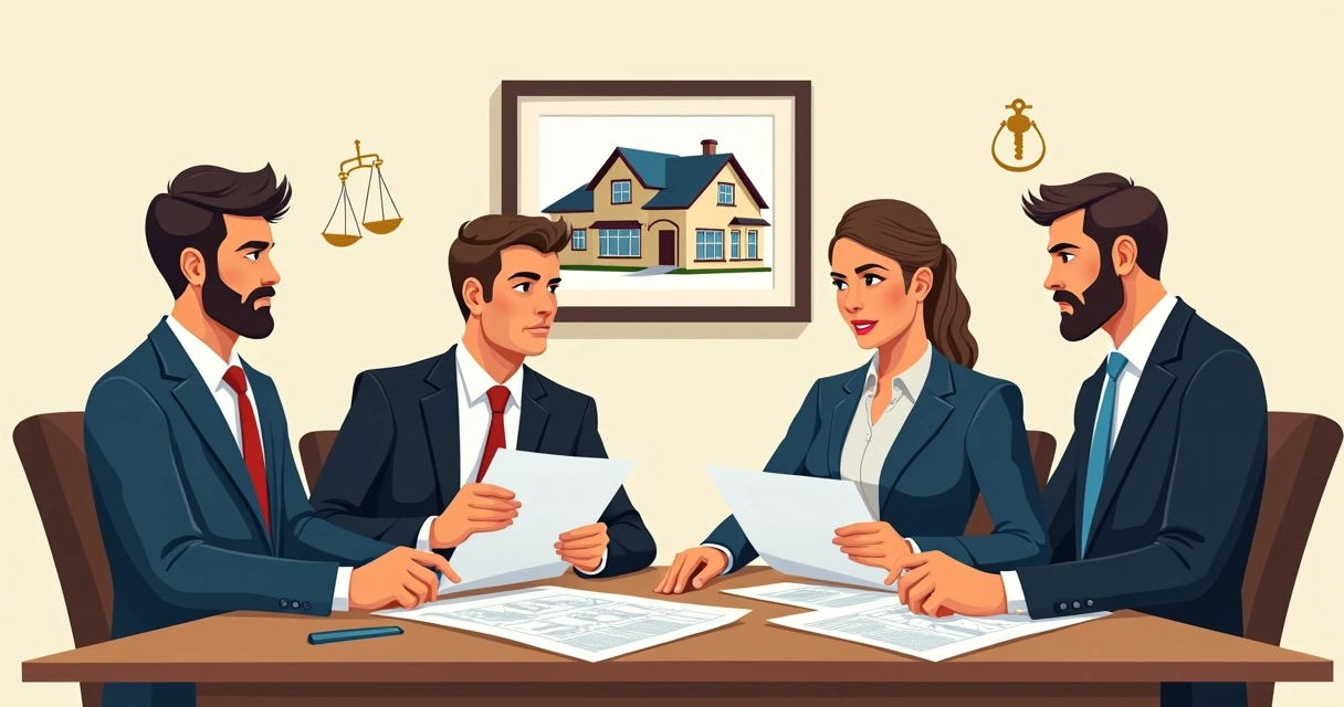 Herdeiros reunidos discutindo documentos imobiliários em uma mesa 