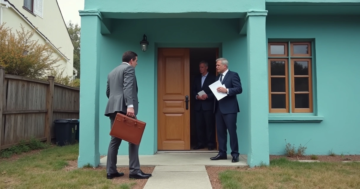 Pessoas discutindo em frente a uma casa leiloada.