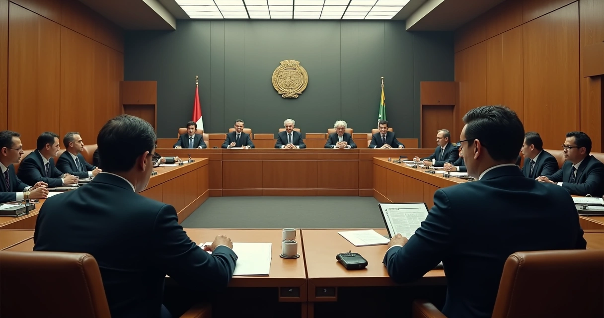 Sala de tribunal com juízes, advogados e computadores. 