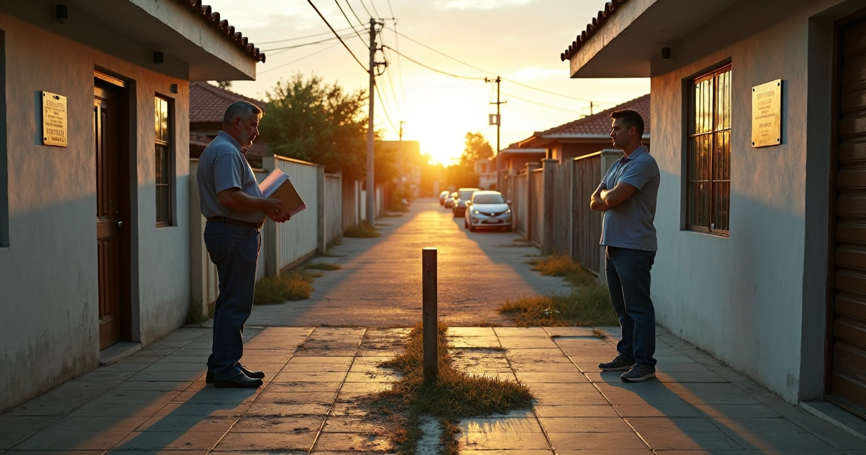 Confronto discreto entre vizinhos em frente a cerca disputada em imóvel urbano 