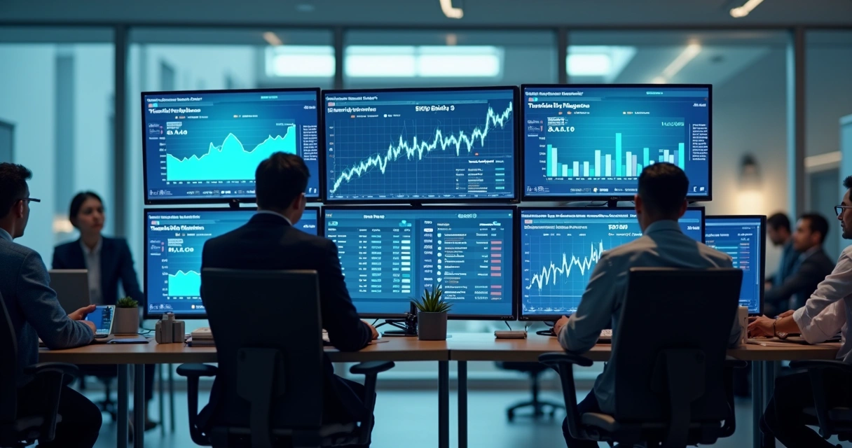 Empresários participando de pregão eletrônico em computadores