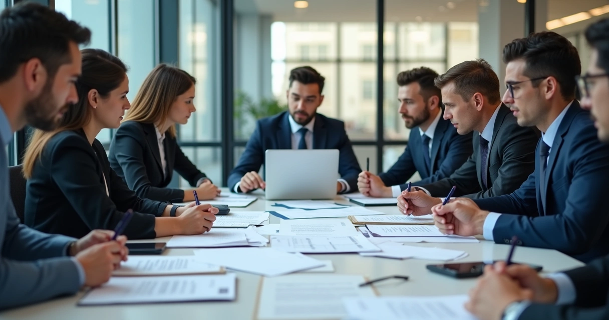 Profissionais de empresas reunidos analisando um documento sobre uma mesa de reuniões 