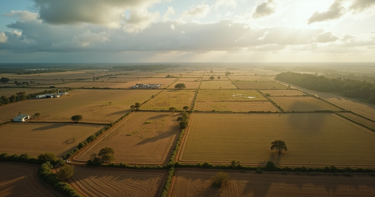 Vista aérea de áreas agrícolas com linhas de divisão indefinidas e comunidades vizinhas.