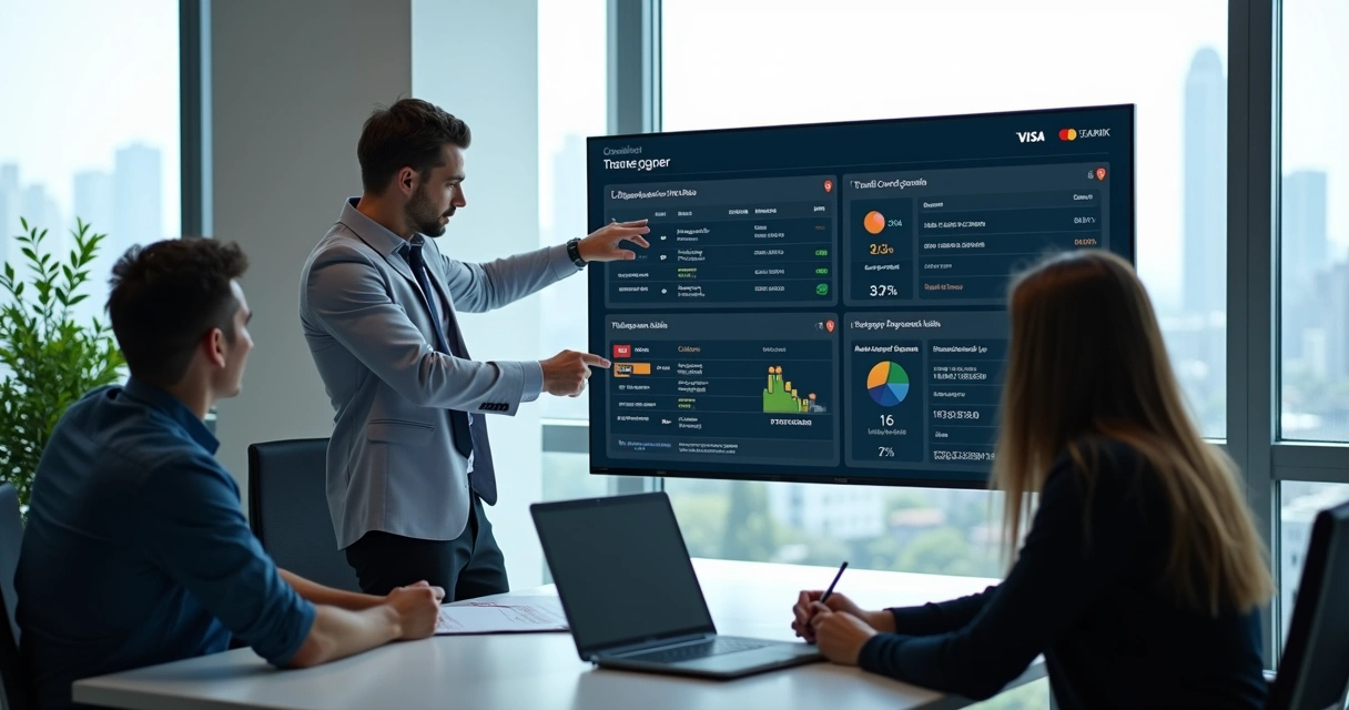 Equipe analisa painel digital com alerta de disputa de transações e chargebacks 