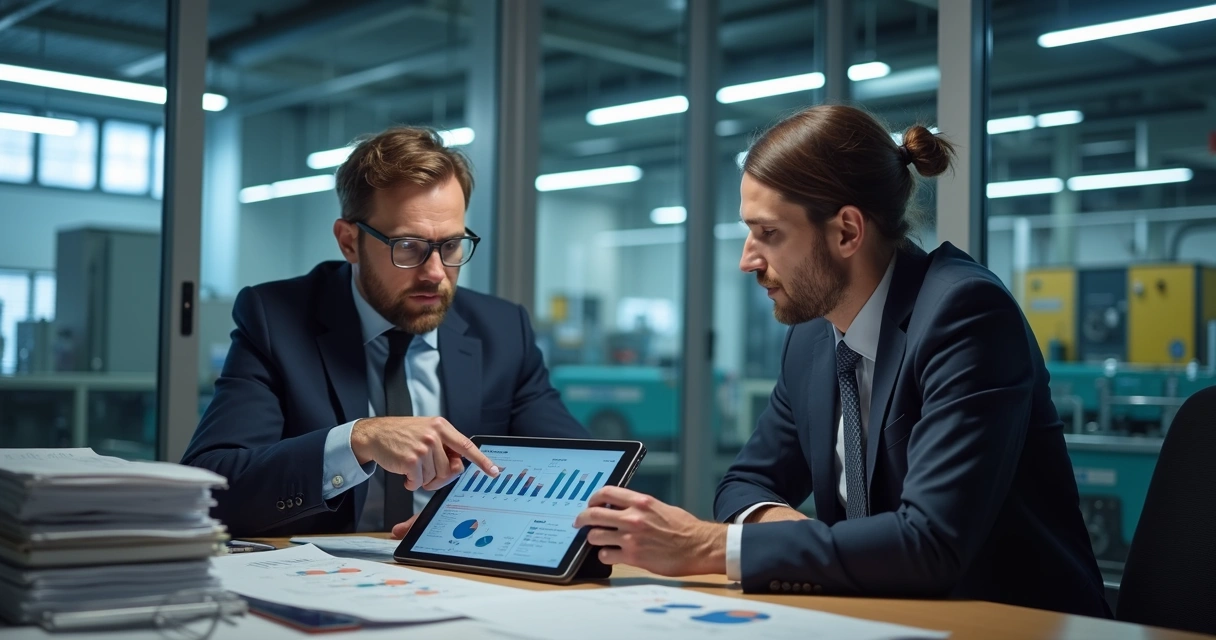 Supervisor showing maintenance records to a supplier rep in a plant office 