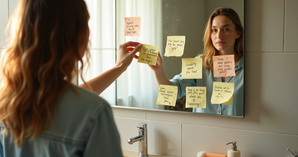 Person at bathroom mirror replacing negative sticky notes with positive ones 