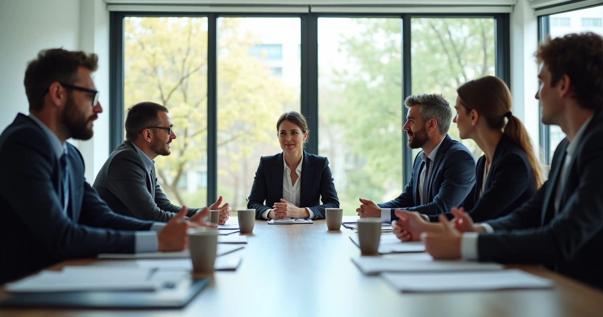 People at a table during a meeting, one person expressing a differing viewpoint 