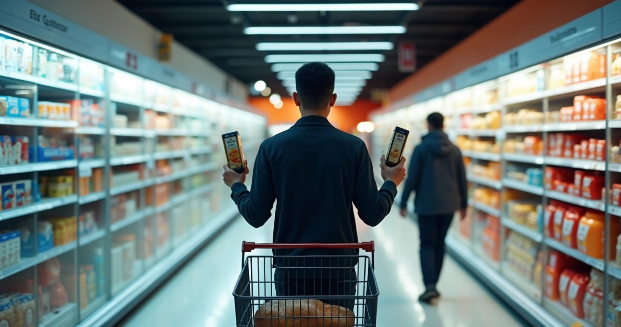 Pessoa em supermercado dividida entre duas escolhas de produto na prateleira 