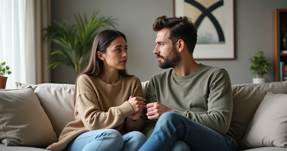 Casal sentado no sofá olhando em direções opostas com expressão de conflito interno 