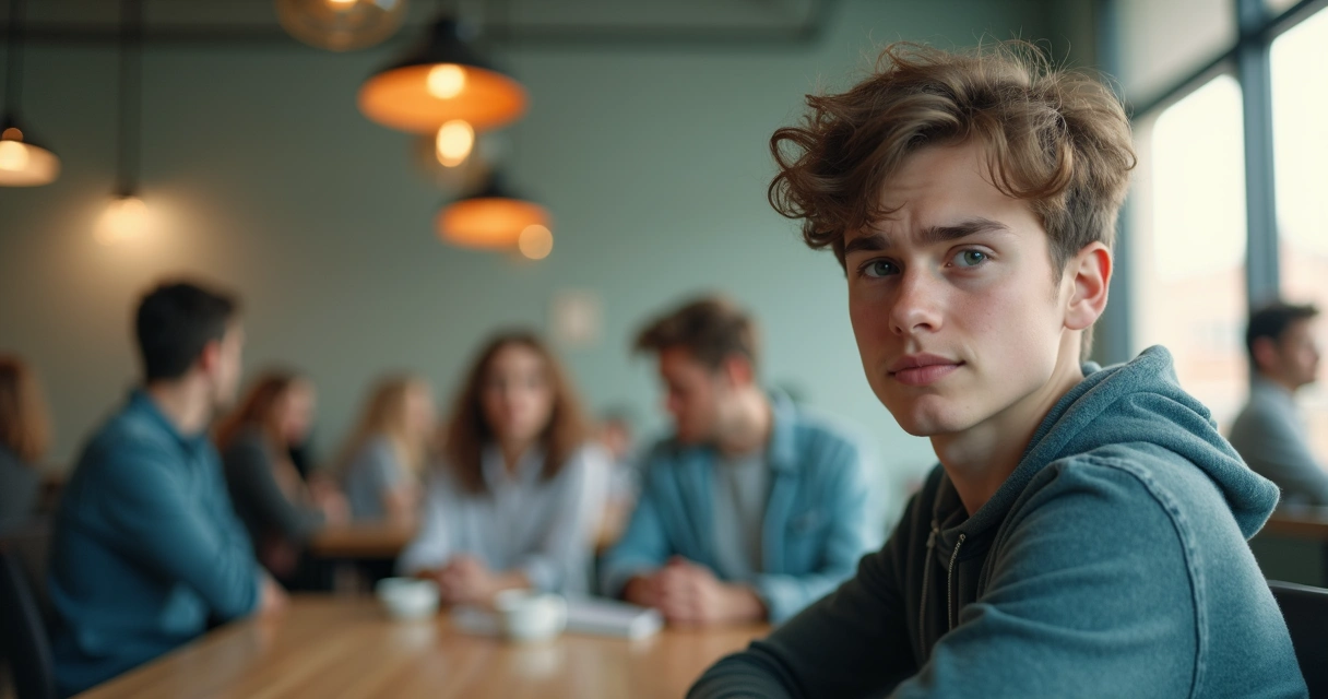 Pessoa em meio a um grupo com expressões emocionais conflitantes 