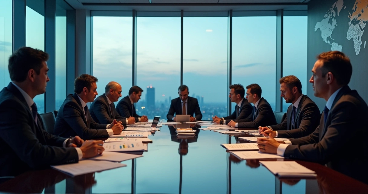 Executivos em sala de reunião global com clima de tensão e divergência ética 