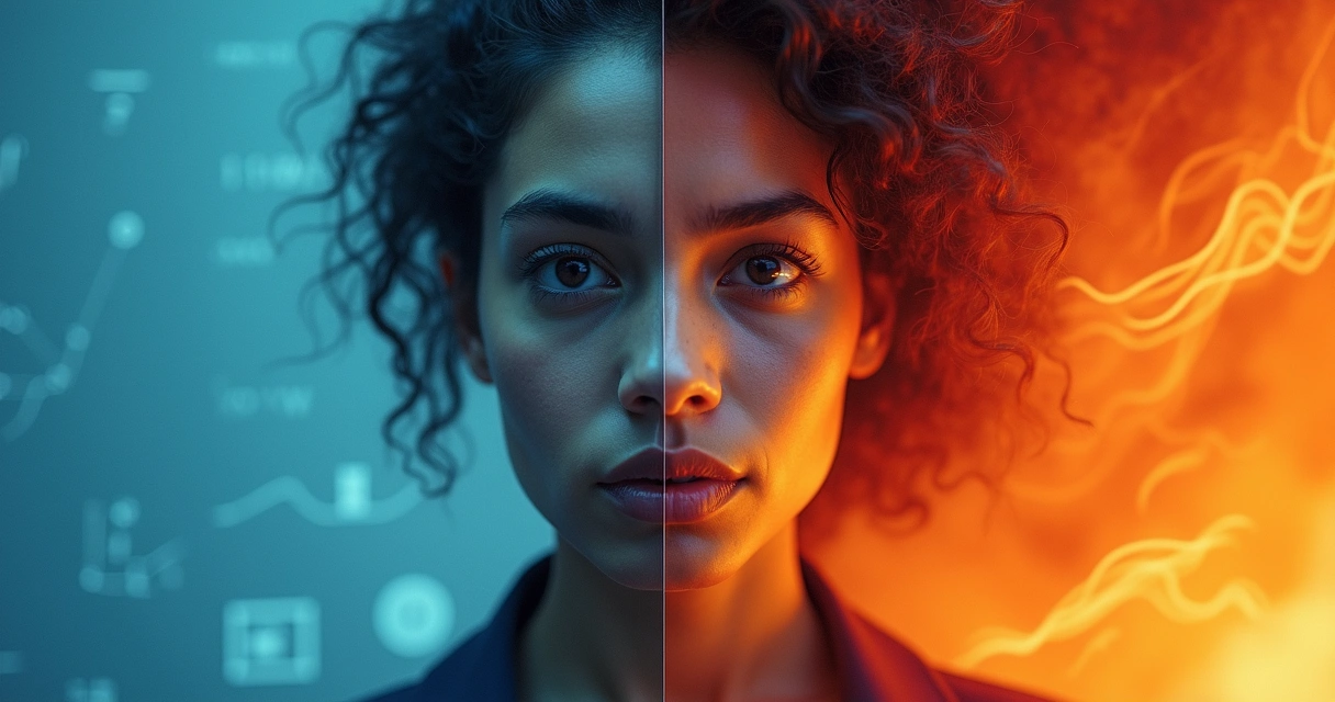 Pessoa dividida ao meio entre lado racional e lado emocional 