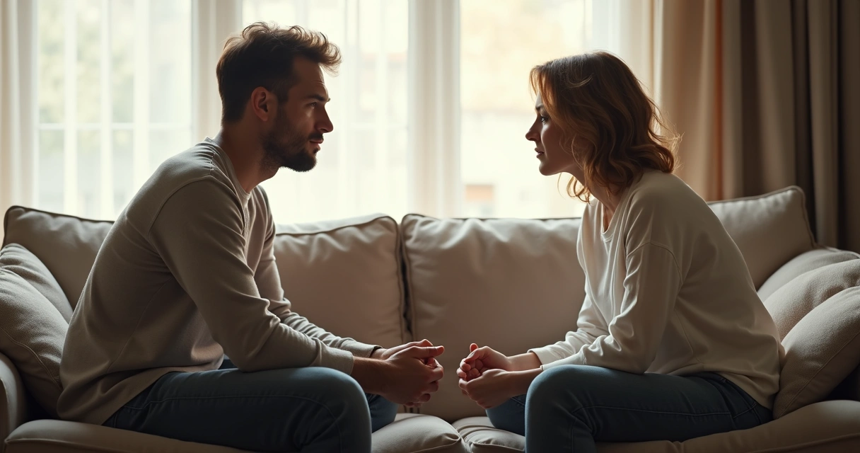 Casal sentado distante em sofá com expressão fechada 