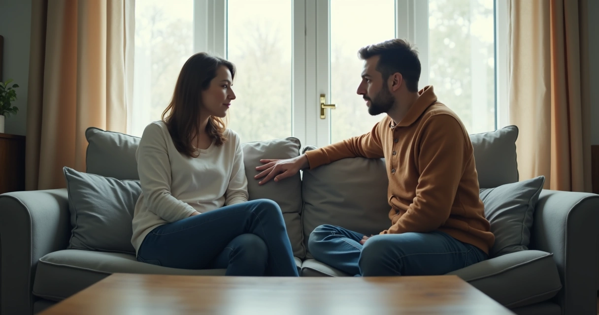 Casal sentado distante no sofá em ambiente silencioso 