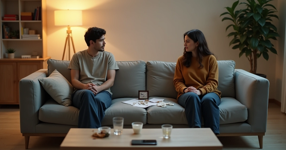 Casal sentado em extremidades opostas de um sofá cinza olhando em direções diferentes 