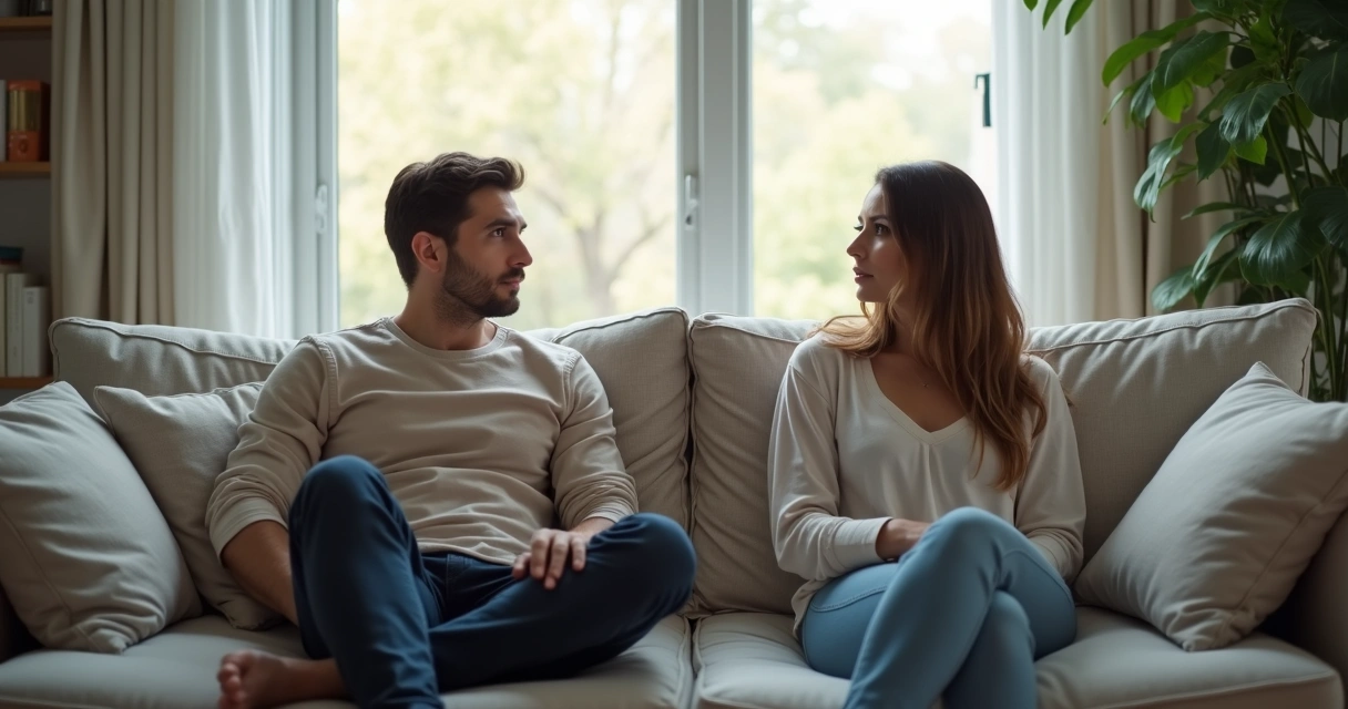 Pareja sentada con distancia emocional en un sofá