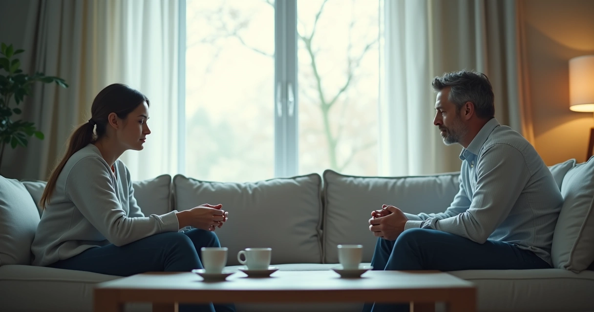 Dos personas sentadas con distancia emocional en un sofá