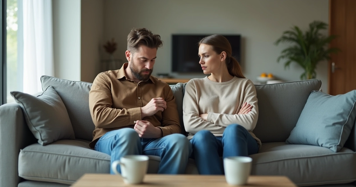 Pareja sentada con distancia emocional en un sofá