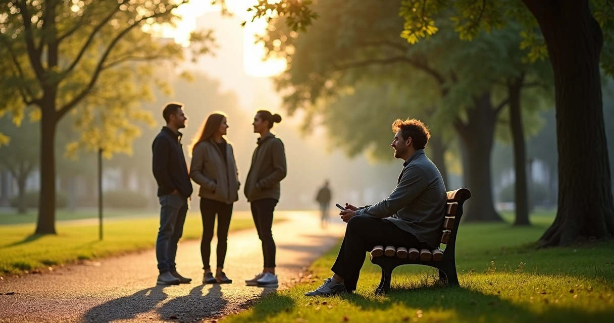 Persona observando una conversación de grupo desde una banca cercana en un parque 