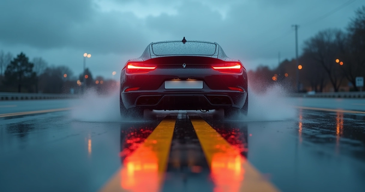 Carro freando em pista molhada mostrando pneus e distância de frenagem 