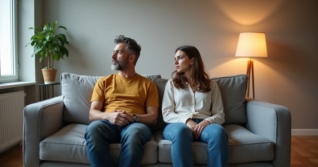 Casal sentado distante no sofá olhando em direções opostas 