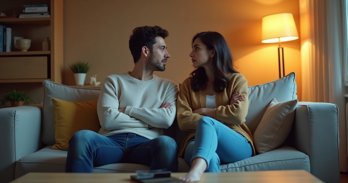 Casal sentado distante em um sofá, olhando para lados opostos, clima de tensão